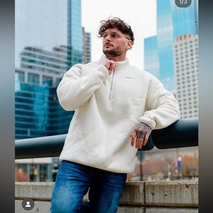 Cream plaid Youngla comfy quarter zips.